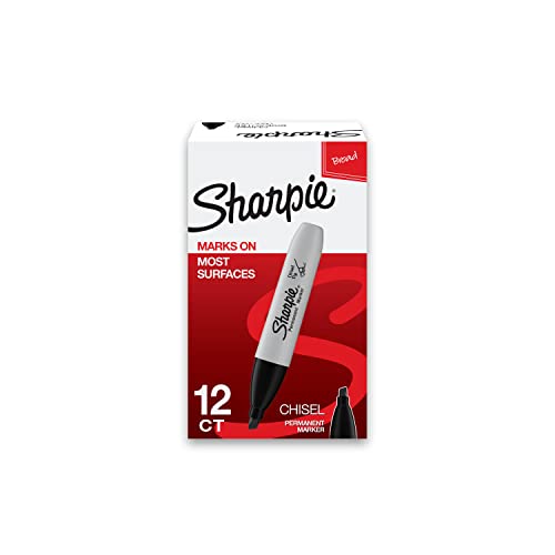 Sharpie Permanent Markers, Chisel Tip Marker Set, Poster Markers, Markers For Wood, Plastic, And More, Black, 12 Count