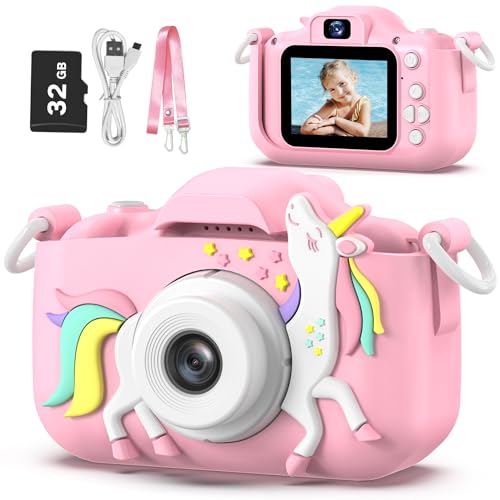 Goopow Kids Camera Toys for 3-8 Year Old Girls Boys,Children Digital Video Camcorder Camera with Cartoon Soft Silicone Cover, Best Chritmas Birthday Festival Gift for Kids - 32G SD Card Included