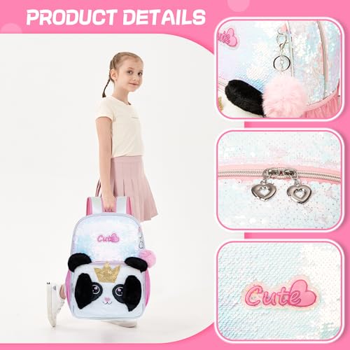 Meetbelify Backpacks for Girls,Kids School Backpacks with Lunch Box for Elementary Preschool Students Cute Panda Sequin Travel Backpack 3 in 1 Bookbag Set for Girls