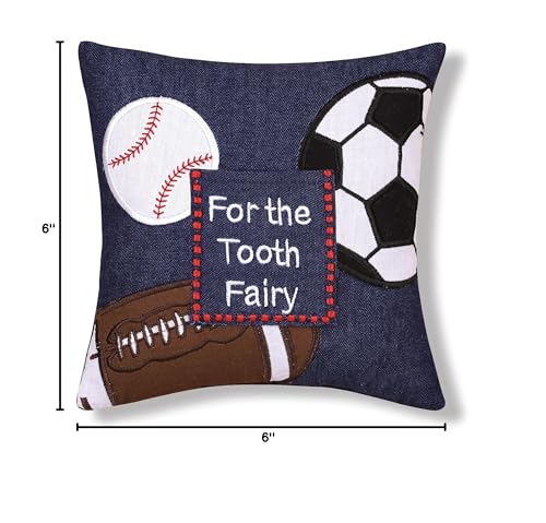 C&F Home Tooth Fairy Embroidered Pillow with Pocket for Boys Sports Theme for Boys and Girls | Toothfairy Throw Petite Pillow for Kids Room Tooth Holder for First Lost Tooth 8 x 8 Blue