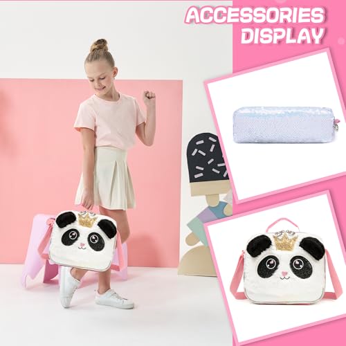 Meetbelify Backpacks for Girls,Kids School Backpacks with Lunch Box for Elementary Preschool Students Cute Panda Sequin Travel Backpack 3 in 1 Bookbag Set for Girls