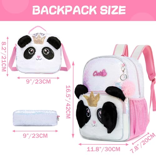 Meetbelify Backpacks for Girls,Kids School Backpacks with Lunch Box for Elementary Preschool Students Cute Panda Sequin Travel Backpack 3 in 1 Bookbag Set for Girls