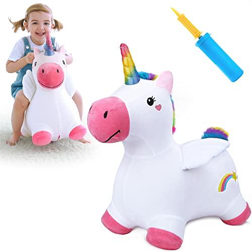 iPlay, iLearn Bouncy Pals Hopping Unicorn Horse, Toddler Girl Inflatable Bouncing Animal Hopper Toy, Outdoor Indoor Plush Ride on Bouncer, Baby Birthday Gift 18 Month 2 3 4 Year Old Kid - Unicorn