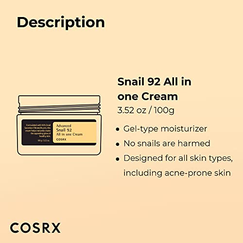 COSRX Snail Mucin 92% Repair Cream, Daily Face Gel Moisturizer for Dry Skin, Acne-prone, Sensitive Skin, Not Tested on Animals, No Parabens, Korean Skincare (3.52 Fl Oz (Pack of 1))