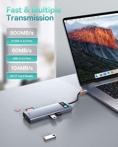 Baseus USB C to HDMI Adapter, 4K@60Hz USB C Docking Station, 7 in 1 USB C Hub with 3 USB-A, PD 100W, TF/SD Card Reader, USB C Dock Compatible for iPhone 15/Mac/Dell/Acer/HP/ASUS/Steam Deck/Rog Ally