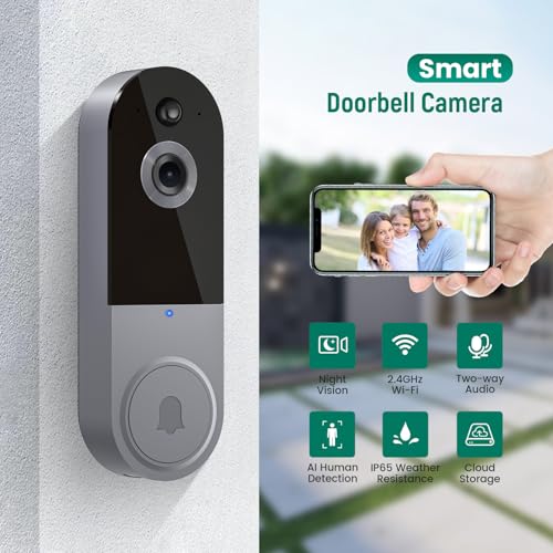 Wireless 1080p Video Doorbell Camera, AI Human Detection, Live View, 2-Way Audio Included Chime, Night Vision, 2.4G Wi-Fi, Cloud Storage, Indoor/Outdoor Surveillance Cam (Black)