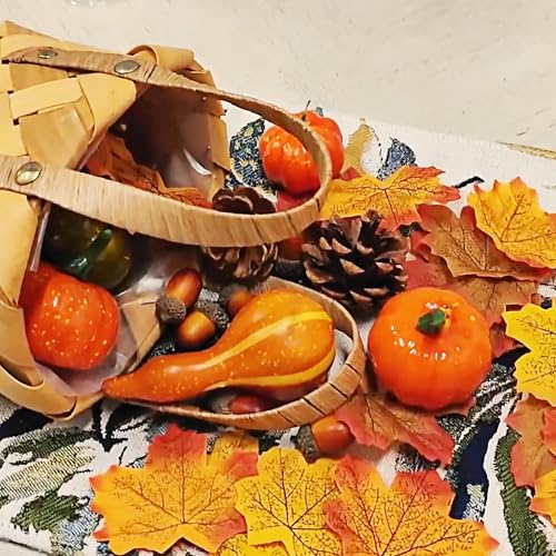 winemana 50pcs Fall Pumpkins Decor Set, Mini Artificial Gourd Fall Leaves Acorns Decorations for Home, Fall Centerpieces for Tables, Thanksgiving Vase Filler, Harvest Farmhouse Table Tiered Tray Set