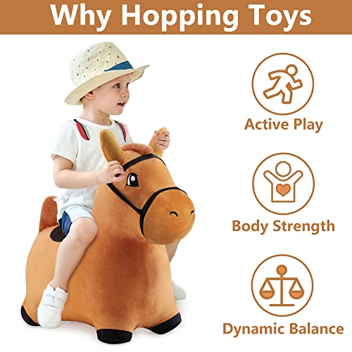 iPlay, iLearn Bouncy Pals Dinosaur Hopper Toy 2 Year Old Boy, Toddler Plush Bounce Animals, Ride on Bouncing Triceratops for Kids, Outdoor Hopping Horse Bouncer, Cool Birthday Gifts 3 4 5 6 Yr Girls