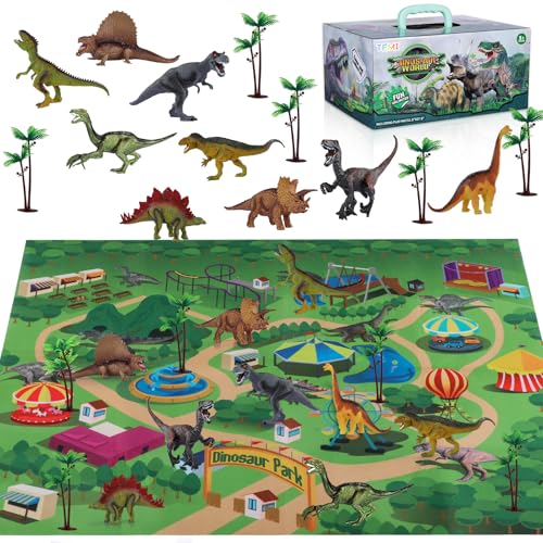 TEMI Dinosaur Truck Toys for Kids 3-5 Years, Tyrannosaurus Transport Car Carrier Truck with 8 Dino Figures, Activity Play Mat, Dinosaur Eggs, Trees, Capture Jurassic Play Set for Boys and Girls