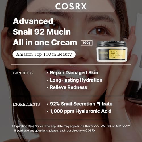 COSRX Snail Mucin 92% Repair Cream, Daily Face Gel Moisturizer for Dry Skin, Acne-prone, Sensitive Skin, Not Tested on Animals, No Parabens, Korean Skincare (3.52 Fl Oz (Pack of 1))