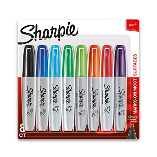 Sharpie Permanent Markers, Chisel Tip Marker Set, Poster Markers, Markers For Wood, Plastic, And More, Assorted Colors, 8 Count