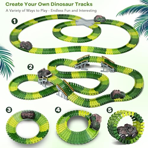 Dinosaur Toys, 252 PCS Create A Dinosaur World Road Race Tracks, Flexible Track Playset, 2pcs Dinosaur Car for 3 4 5 6 Year Old Boys Girls Birthday Party Favor Gift