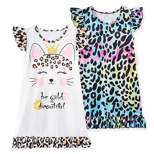 LQSZ 2Pcs Girls Nightgowns 3-10 Years Flutter Short Sleeves Nightdress Nightie Dress Sleepwear Pajamas for Little Girls