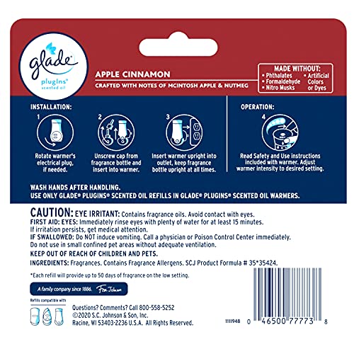 Glade PlugIns Refills Air Freshener, Scented and Essential Oils for Home and Bathroom, Apple Cinnamon, 3.35 Fl Oz, 5 Count