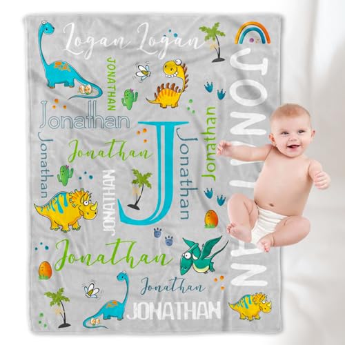 YESCUSTOM Personalized Dinosaur Fleece Throw Blanket for Kids Boys Girls Baby Toddler Infants Blankets for Bed Custom Name Blanket for Birthday Shower Gift