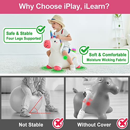 iPlay, iLearn Bouncy Pals Hopping Unicorn Horse, Toddler Girl Inflatable Bouncing Animal Hopper Toy, Outdoor Indoor Plush Ride on Bouncer, Baby Birthday Gift 18 Month 2 3 4 Year Old Kid - Unicorn