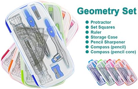 Maths Compasses Starter Geometry Kit with 2 Drafting Compasses Protractor Set Squares Ruler and More for Students Maths Study Homework, Blue