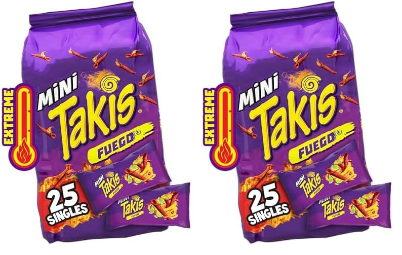 Takis Fuego Mini 25 pc / 1.23 oz Bite Size Multipack, Hot Chili Pepper & Lime Flavored Extreme Spicy Rolled Tortilla Chips