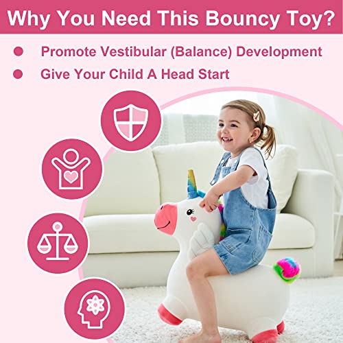 iPlay, iLearn Bouncy Pals Hopping Unicorn Horse, Toddler Girl Inflatable Bouncing Animal Hopper Toy, Outdoor Indoor Plush Ride on Bouncer, Baby Birthday Gift 18 Month 2 3 4 Year Old Kid - Unicorn