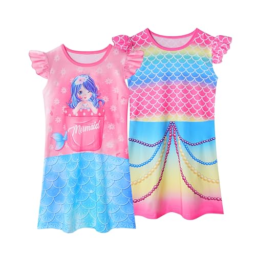 LQSZ 2Pcs Girls Nightgowns 3-10 Years Flutter Short Sleeves Nightdress Nightie Dress Sleepwear Pajamas for Little Girls