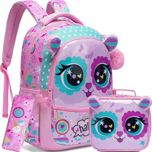 Meetbelify Backpacks for Girls,Kids School Backpacks with Lunch Box for Elementary Preschool Students Cute Panda Sequin Travel Backpack 3 in 1 Bookbag Set for Girls