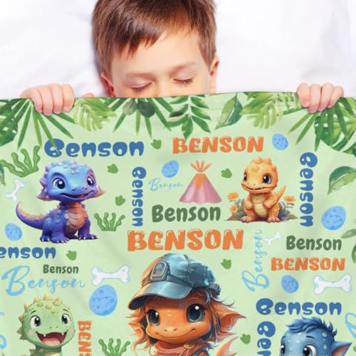 Personalized Baby Blanket for Girls Boys, Custom Kids Blanket with Name, Toddler Blanket for Daycare, Decor for Sofa Living Bedroom Baby Blanket for Birthday 50" x 60",Cute Dinosaur Clouds Text Green