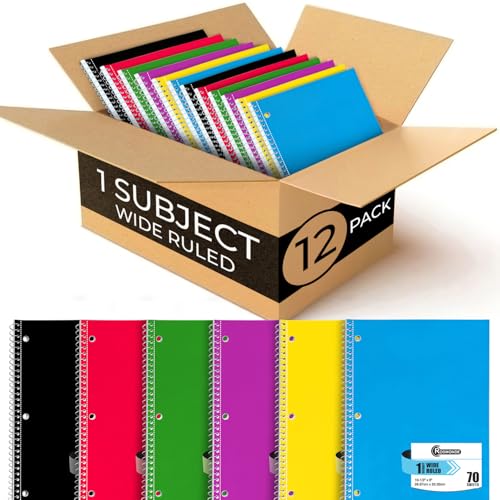 Spiral Notebooks, 12 Pack, 1 Subject Notebook, Wide Ruled, 70 Sheets, 8 x 10-1/2", 3 Hole Punched, School Supplies, Bulk Single Subject Spiral Notebook Bulk, Assorted Colors Pack of Notebooks