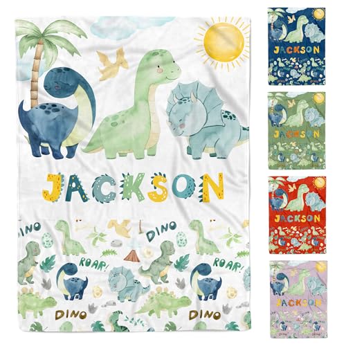 MDPrints Dinosaur Personalized Baby Blankets for Boys, Personalized Baby Gifts with Name, Customized Baby Blanket, Newborn Boy Gift, Soft Fleece