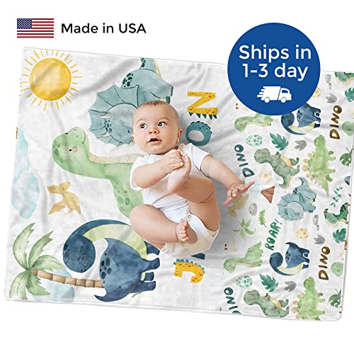 MDPrints Dinosaur Personalized Baby Blankets for Boys, Personalized Baby Gifts with Name, Customized Baby Blanket, Newborn Boy Gift, Soft Fleece