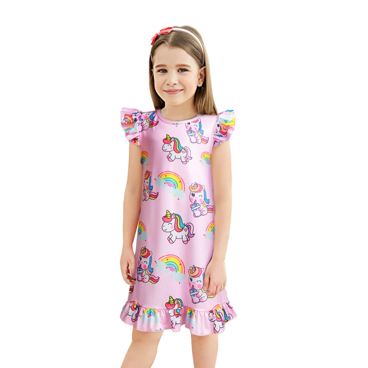 LQSZ 2Pcs Girls Nightgowns 3-10 Years Flutter Short Sleeves Nightdress Nightie Dress Sleepwear Pajamas for Little Girls