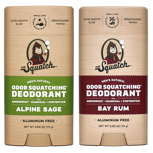 Men's Natural Deodorant - Aluminum-Free Deodorant from Dr. Squatch - Natural Deodorizer - made w/charcoal - Deodorant for Men - Smell fresh with Rainforest Rapids and Wood Barrel Bourbon (2 Pk)