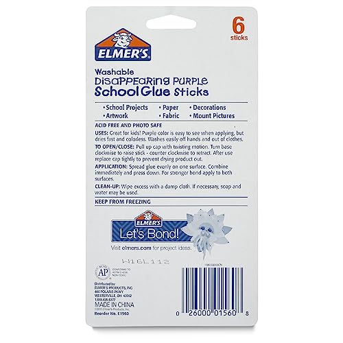 Elmer's Disappearing Purple School Glue Sticks, Washable, 6 Grams, 12 Count