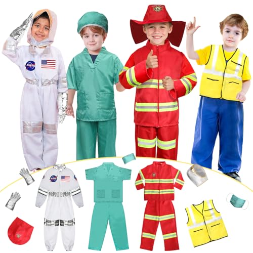 LOYO Kids Role Play Dress Up Clothes for 3-8 Years Old Play, 4 Sets Astronaut/Doctor/Fireman/Construction Costume for Kids And Toddlers Boys Halloween Costumes