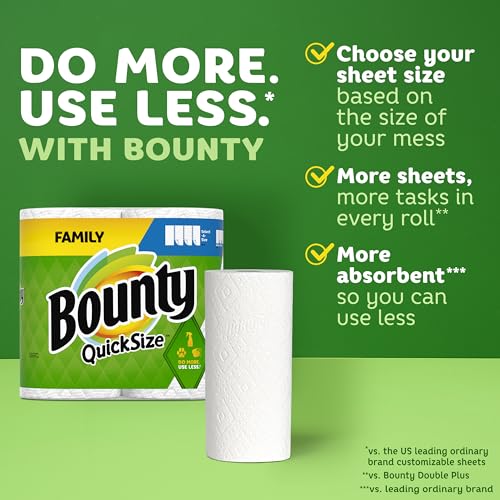 Bounty Quick Size Paper Towels, White, 8 Family Rolls = 20 Regular Rolls