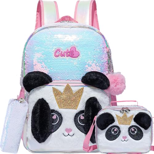 Meetbelify Backpacks for Girls,Kids School Backpacks with Lunch Box for Elementary Preschool Students Cute Panda Sequin Travel Backpack 3 in 1 Bookbag Set for Girls