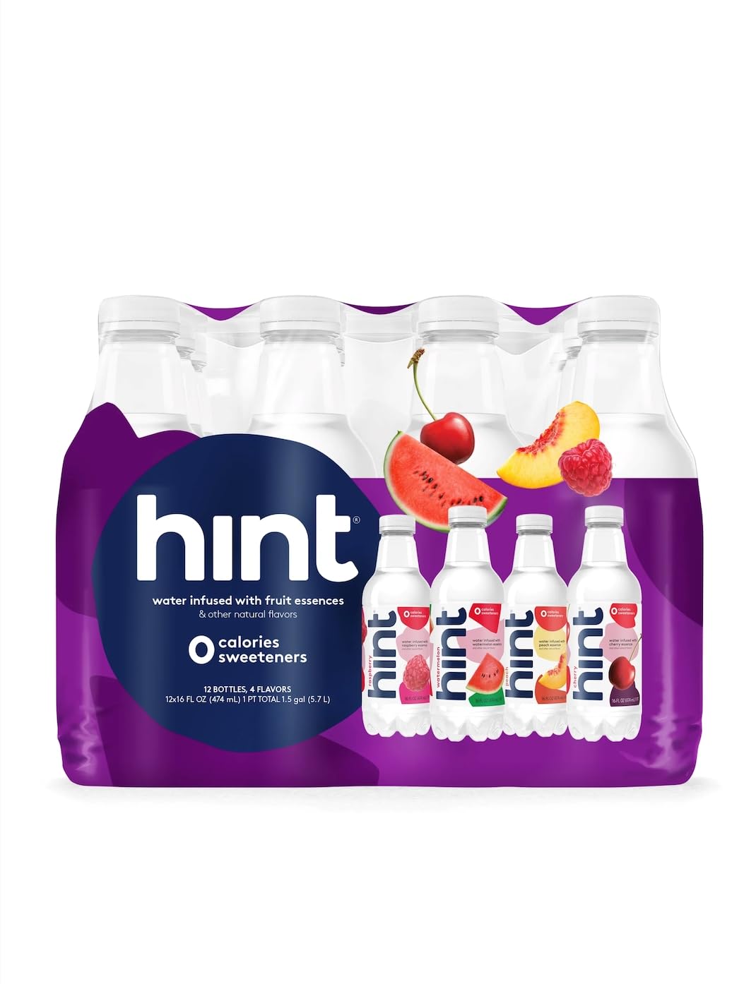 Hint Water Red Variety Pack, 3 Bottles Each of: Peach, Raspberry, Watermelon, and Strawberry Lemon, Zero Calories, Zero Sugar and Zero Sweeteners, 16 Fl Oz (Pack of 12)