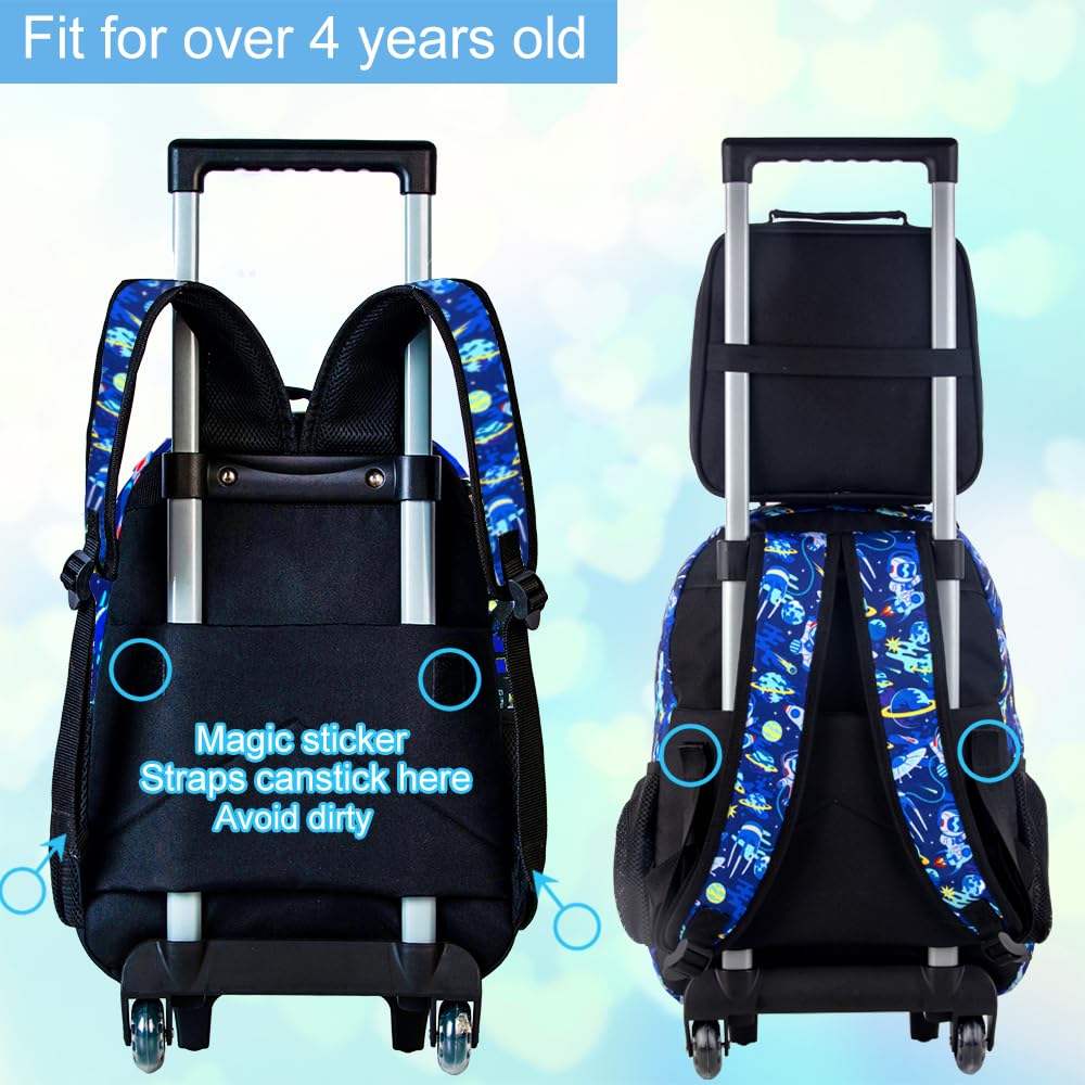 3PCS Rolling Backpack for Girls Boys, Kids Roller Wheeled Bookbag with Lunch Box, Backpacks with Wheels for Elementary