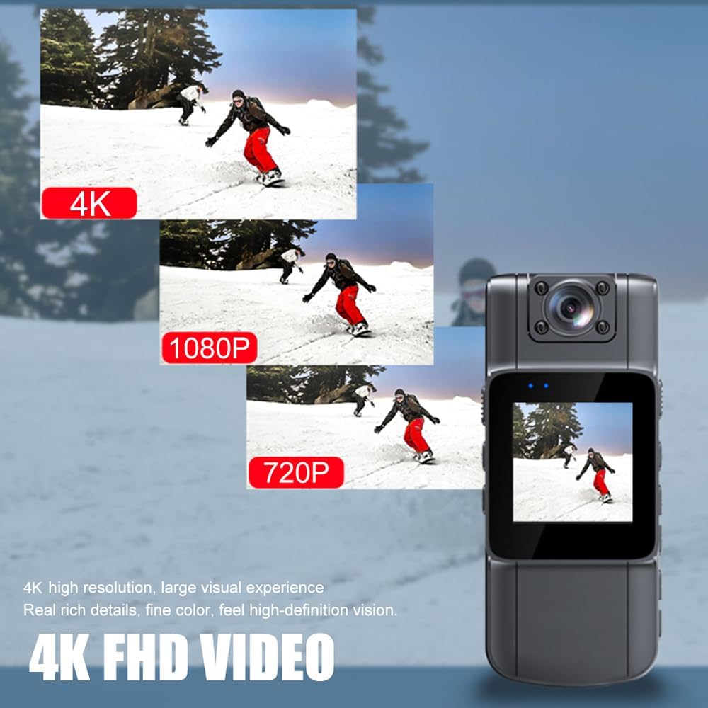 Andoer 4K UHD Mini Body Camera with Audio and Video Recording 150°Wide Angle 180°Lens Rotatable 7 Hour Battery Life Video Camera with 1.54in TFT Screen Night Vision Detection for Daily Record Service