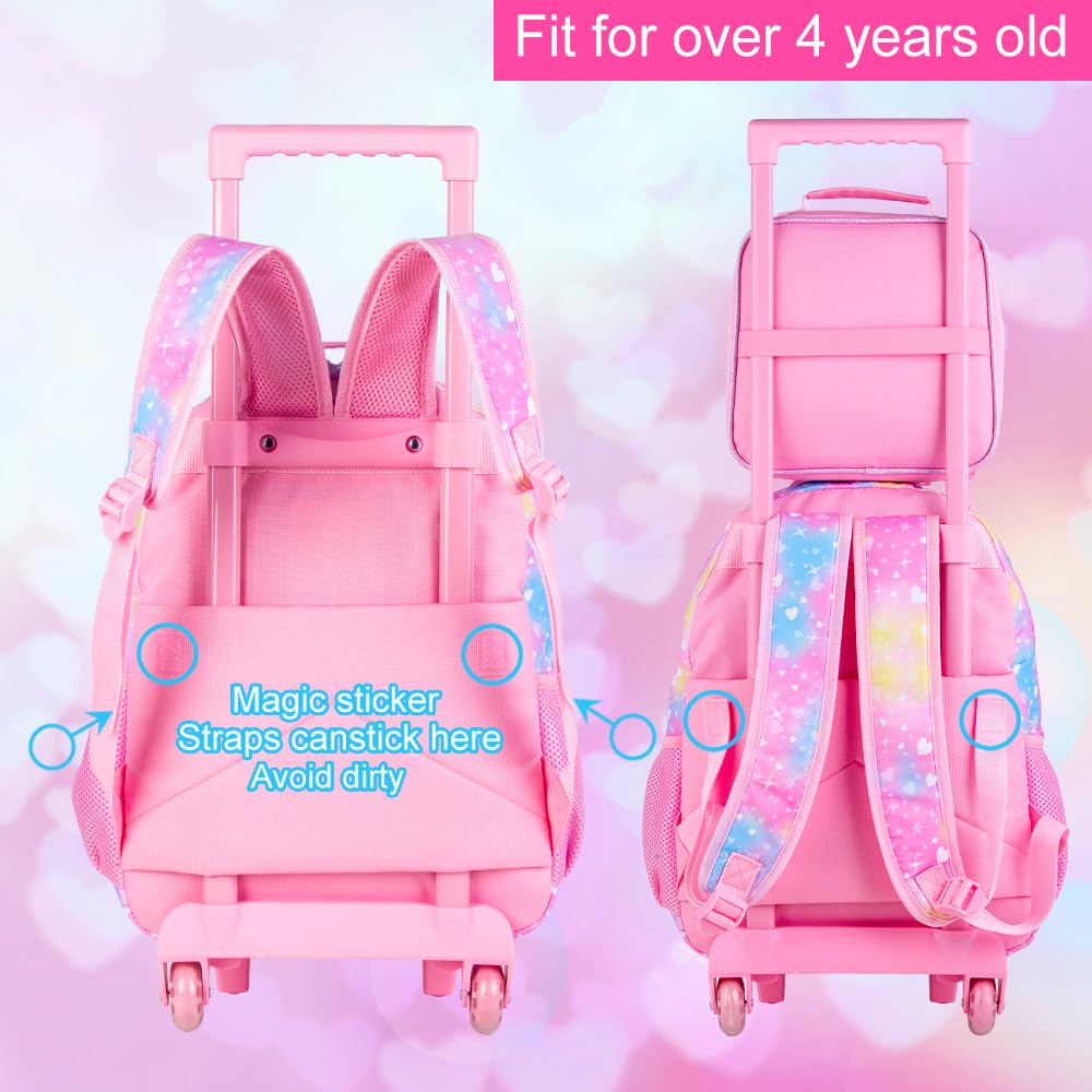 3PCS Rolling Backpack for Girls Boys, Kids Roller Wheeled Bookbag with Lunch Box, Backpacks with Wheels for Elementary