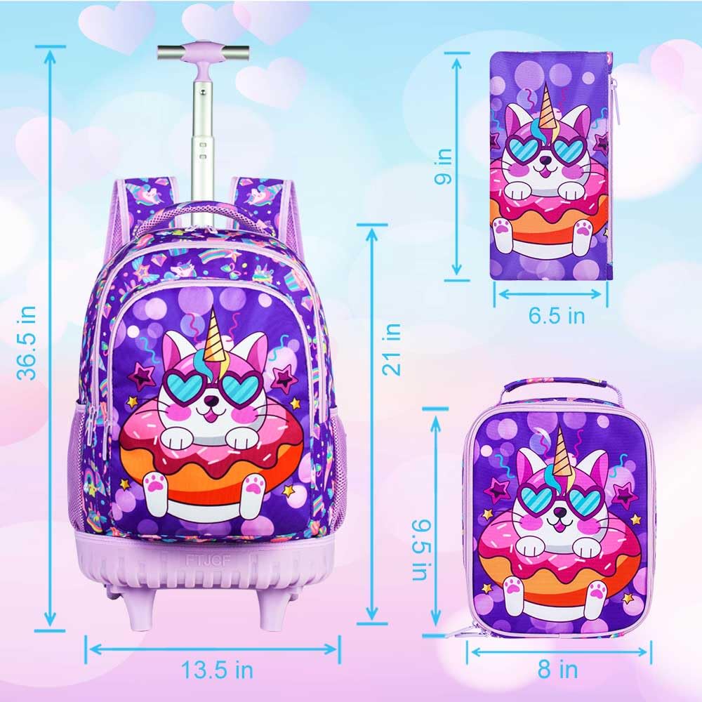 gxtvo 3PCS Unicorn Rolling Backpack for Girls,Cute Kids School Bag with Wheels,Water Resistant Roller Bookbag Set for Elementary Preschool - Pink