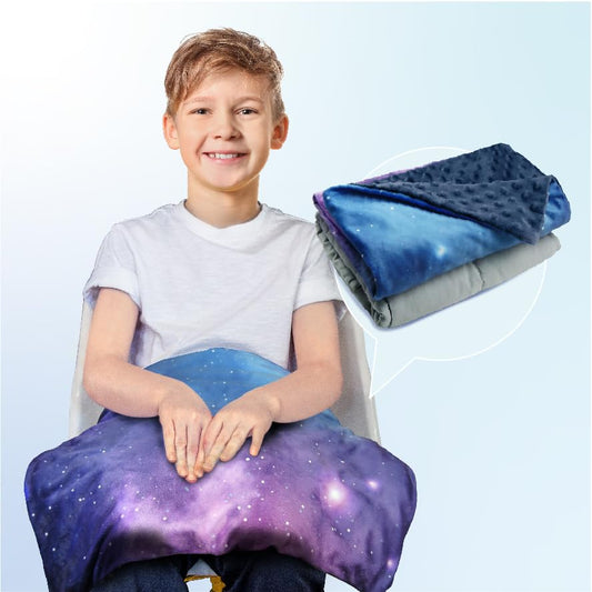 Solfres Small Weighted Lap Pad Blanket Throw for Kids Boys Teens 20in x 23in 5 Lbs - Sleep Therapy Plush Travel Size with Removable Cover, Galaxy Space Stars, Washable, Dark Blue