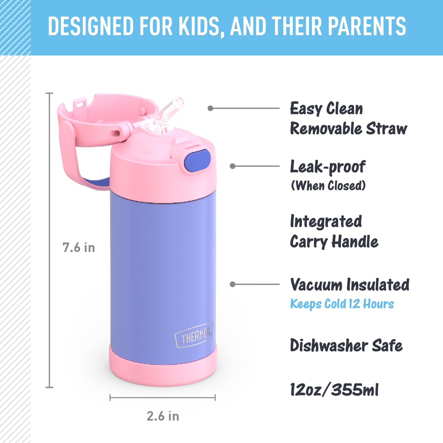 THERMOS FUNTAINER Water Bottle with Straw - 12 Ounce, Pokémon - Kids Stainless Steel Vacuum Insulated Water Bottle with Lid