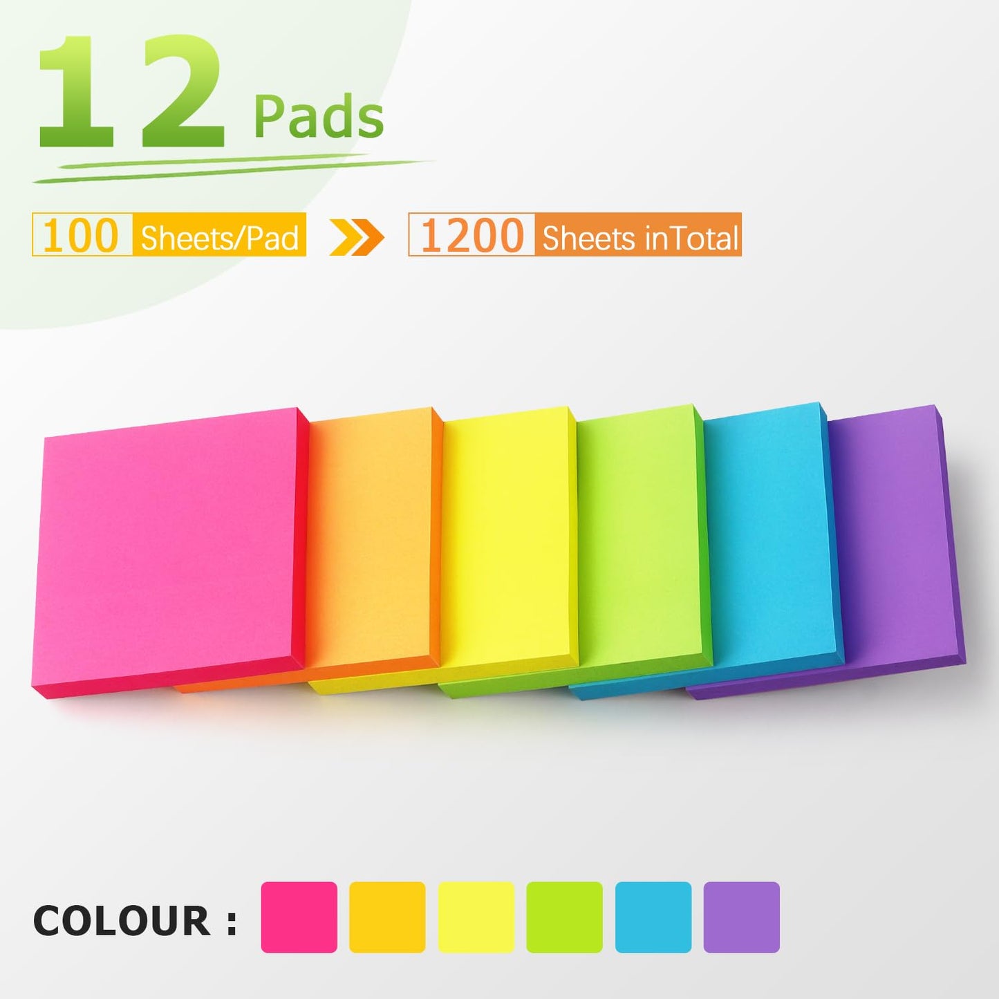 Sticky Notes 3x3 inch Bright Colors Self-Stick Pads 6 Pads/Pack 100 Sheets/Pad Total 600 Sheets