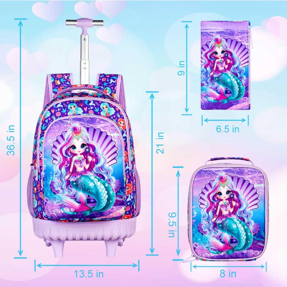 gxtvo 3PCS Unicorn Rolling Backpack for Girls,Cute Kids School Bag with Wheels,Water Resistant Roller Bookbag Set for Elementary Preschool - Pink