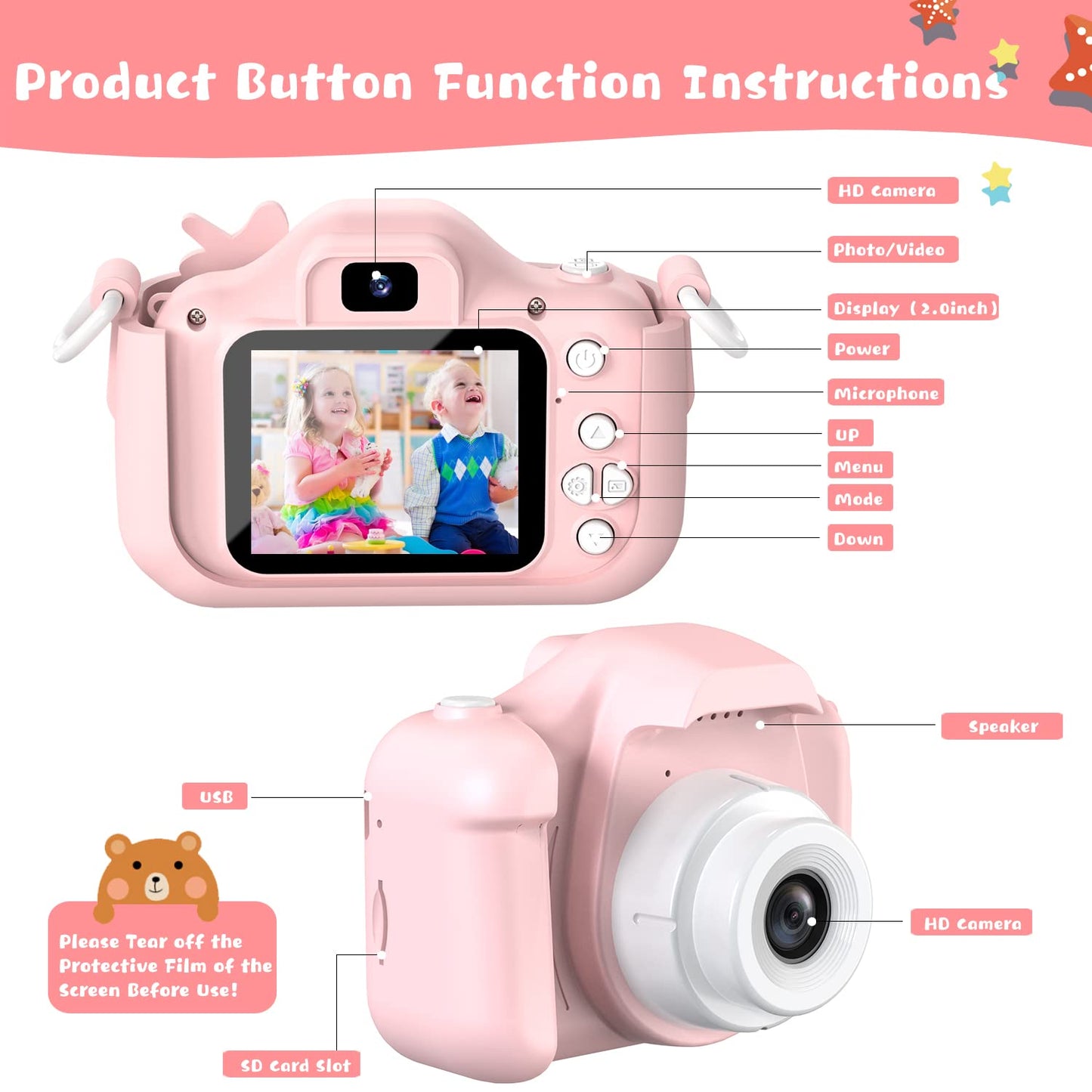 Selfie Kids Camera, Christmas Birthday Gifts for Boys Girls Age 3-12, HD Kids Digital Video Cameras for Toddler with Cartoon Soft Silicone Cover, Portable Toy for 3 4 5 6 7 8 Years Old