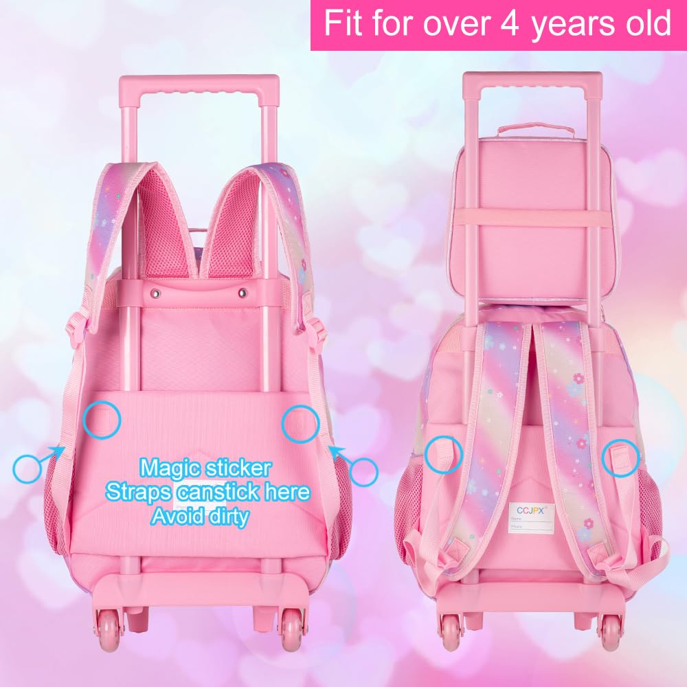 3PCS Rolling Backpack for Girls Boys, Kids Roller Wheeled Bookbag with Lunch Box, Backpacks with Wheels for Elementary