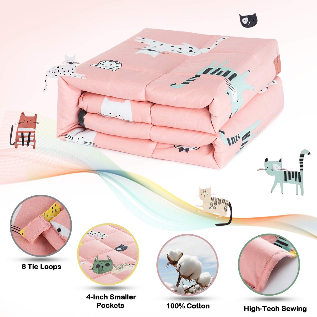 Sivio Weighted Blanket (36"x 48" 5lbs), Cotton Heavy Blanket with Glass Beads, Breathable and Soft Weighted Throw, Pink Cat