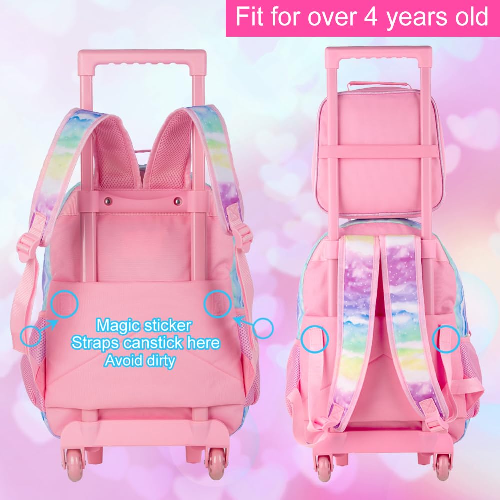 3PCS Rolling Backpack for Girls Boys, Kids Roller Wheeled Bookbag with Lunch Box, Backpacks with Wheels for Elementary