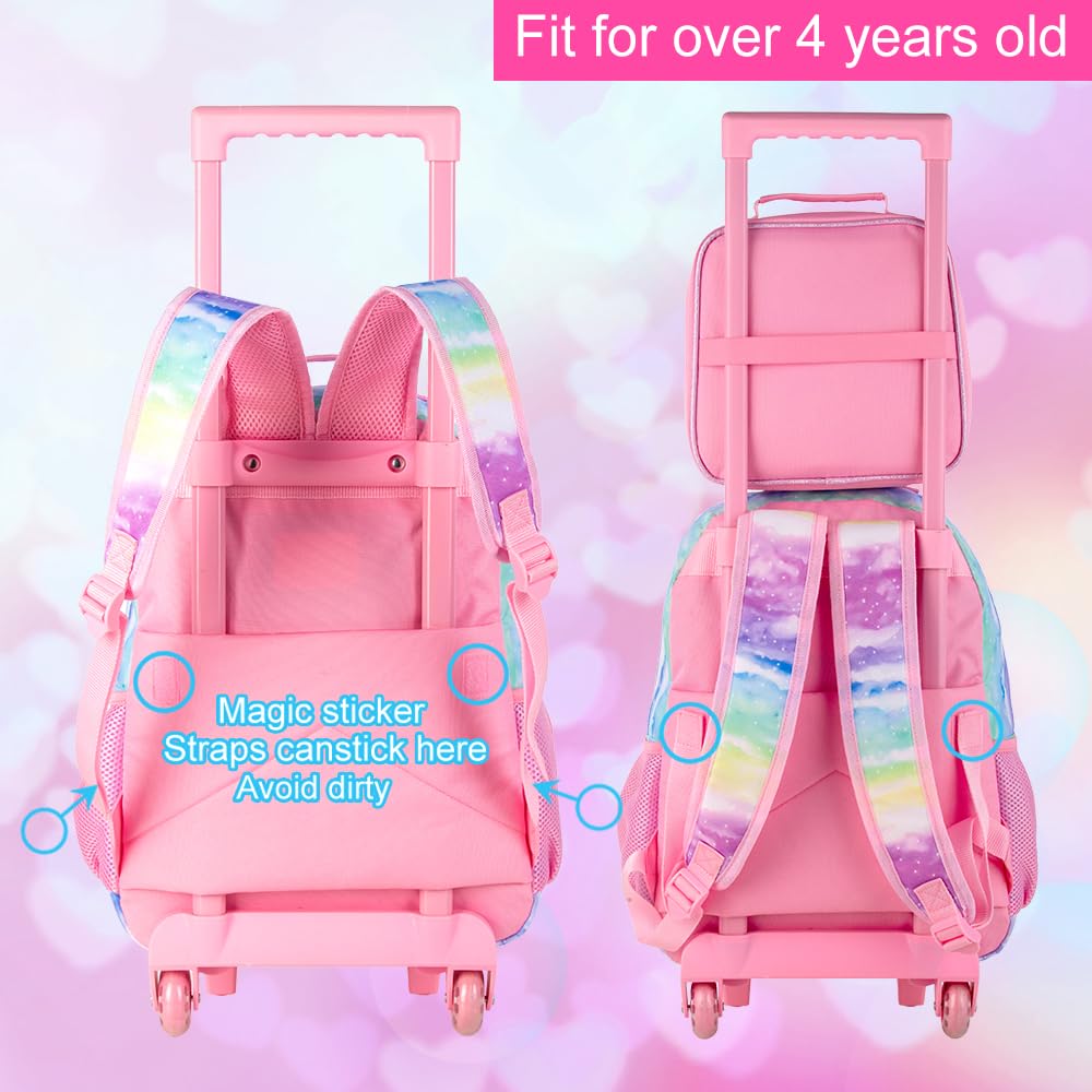 3PCS Rolling Backpack for Girls Boys, Kids Roller Wheeled Bookbag with Lunch Box, Backpacks with Wheels for Elementary