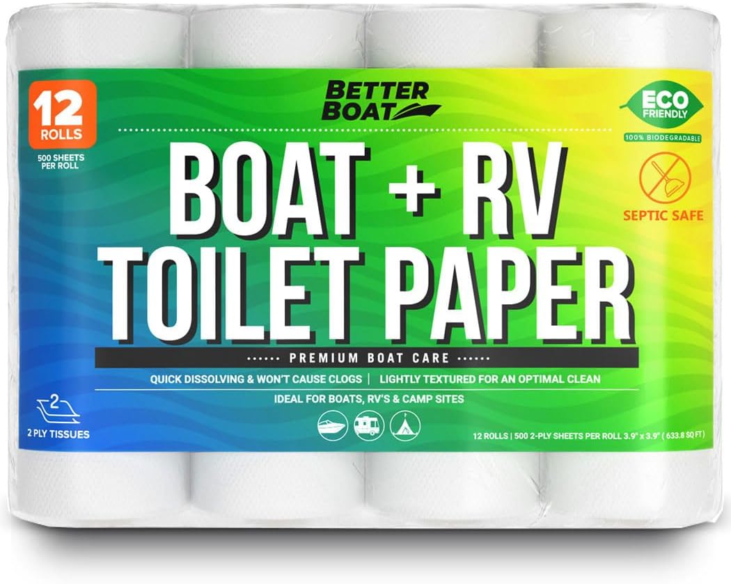 Boat and RV Toilet Paper Septic Safe Tissue Toilet Quick Dissolving 12 Single (1) Rolls for Marine and Travel Camper Systems Camping Biodegradable Supplies Dissolve and Tank Safe | TP Bulk Pack 2 Ply